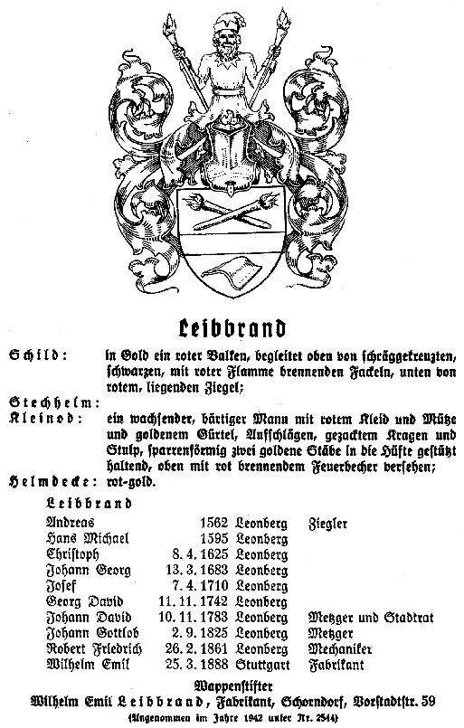 Registrierung des Leibbrand Wappens aus Württemberg